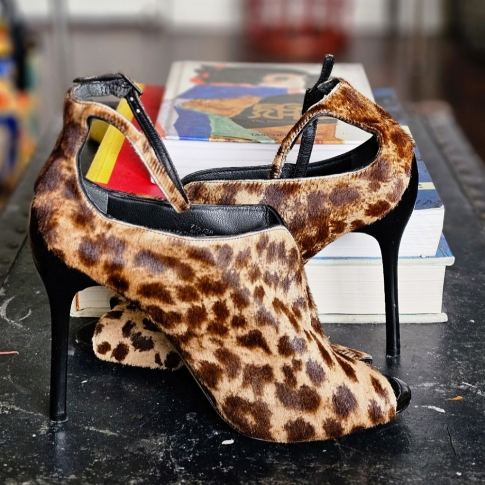 Brian Atwood‎ Liese Leopard Calf Hair Open Toe Booties